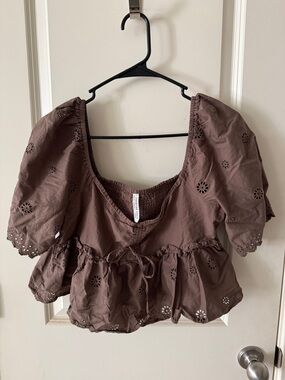 American Eagle Outfitters Brown Eyelet Peplum Blouse